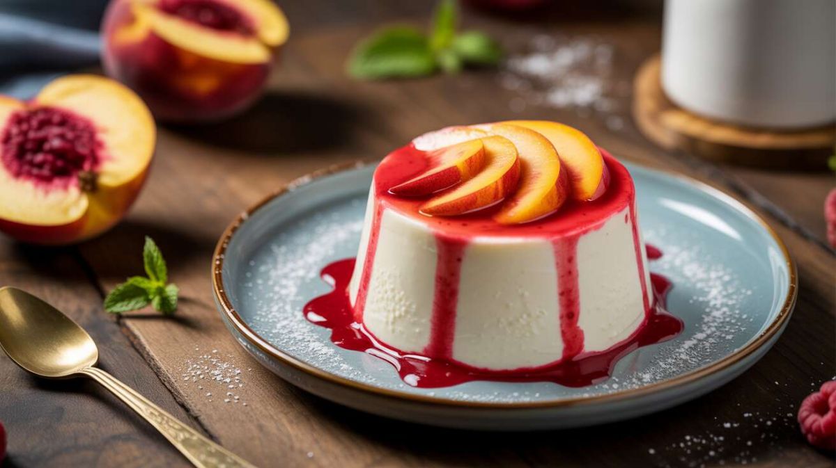 panna cotta au fromage frais, pêches et coulis de framboises