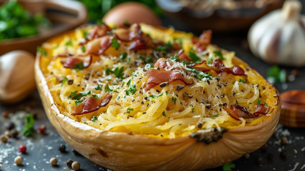 Une courge spaghetti à la carbonara : savoureuse et réconfortante