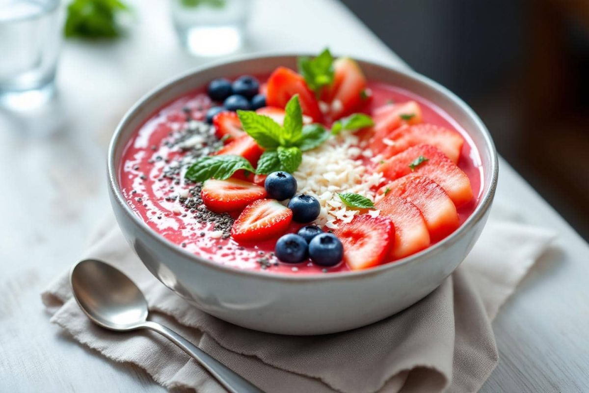 Un petit-déjeuner estival avec le smoothie bowl pastèque-menthe à savourer
