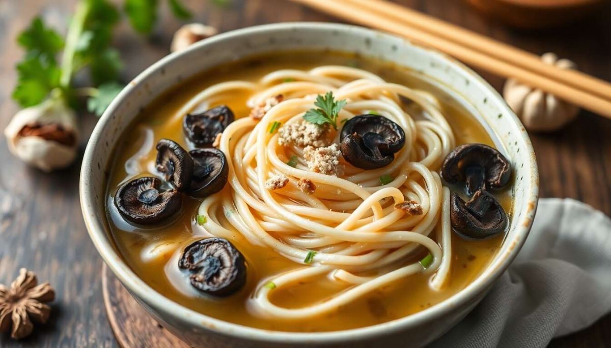 Une soupe aux nouilles et champignons noirs réconfortante