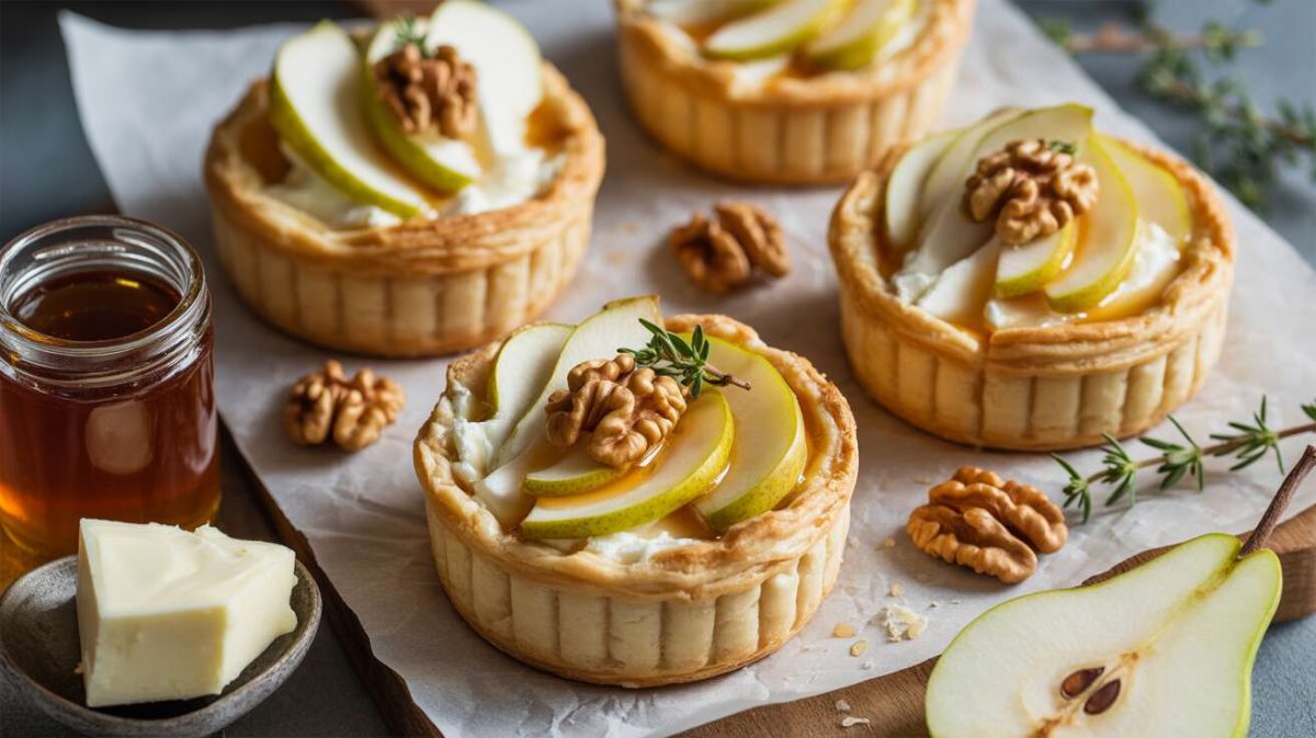 Une douce harmonie : tartelettes chèvre, miel, poire et noix à déguster